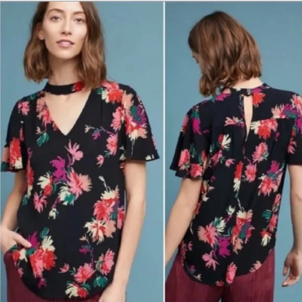 Anthropologie Maeve Bella black floral‎ chocker blouse S